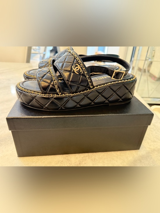 CHANEL Shoes - CHANEL Black Quilted Leather Platform Sandals with Gold Chain Trim NIB 25 A